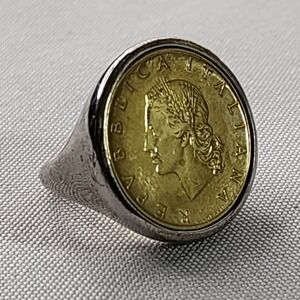Vintage Italian 200 Lire Coin Signet Ring Silver Gold Tone Two Tone Unisex